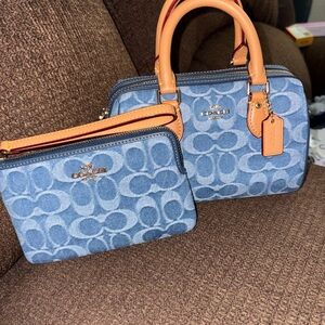 Coach mini denim Rowan with denim wristlet